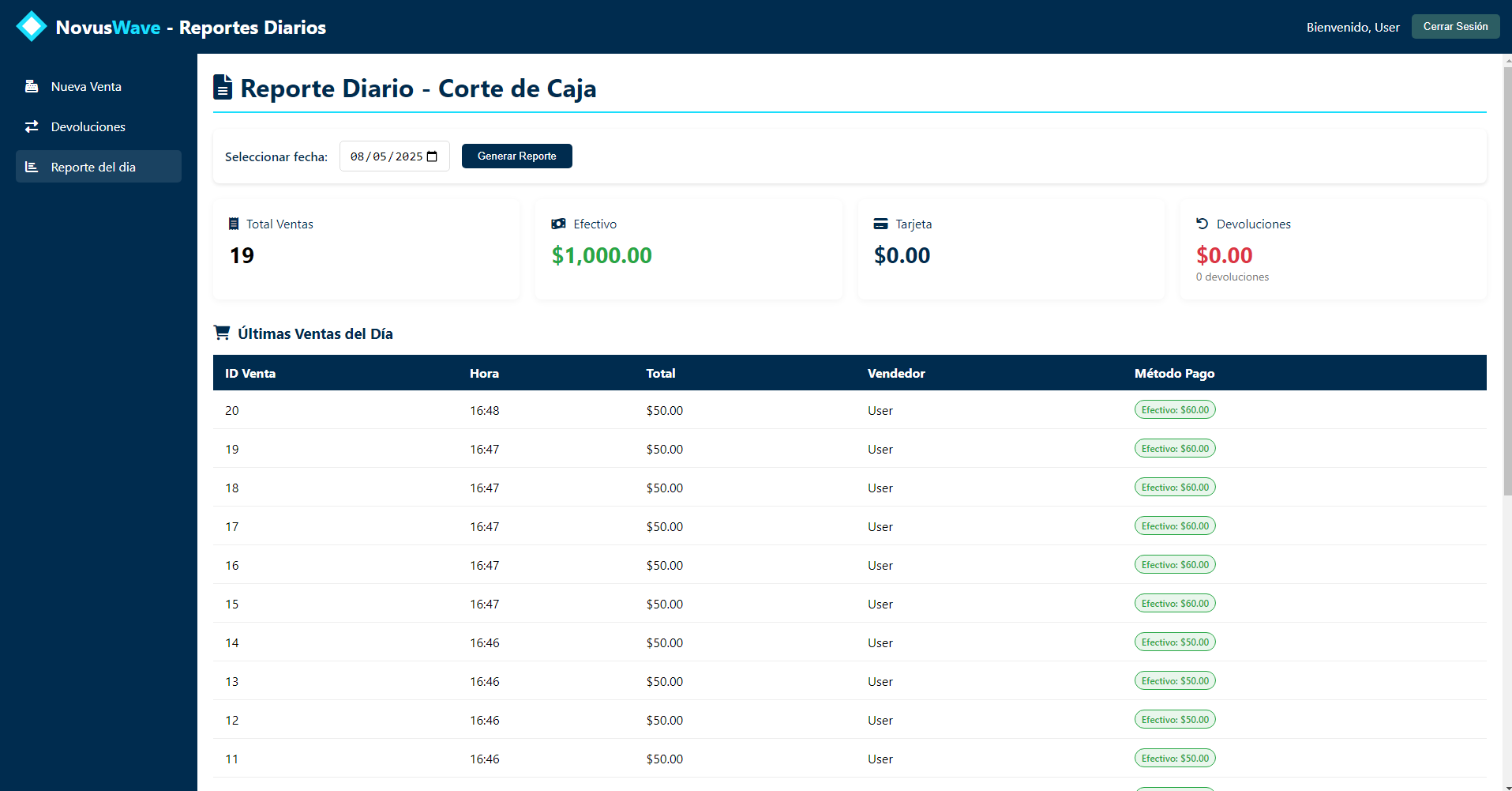 Interfaz de Reporte del Dia