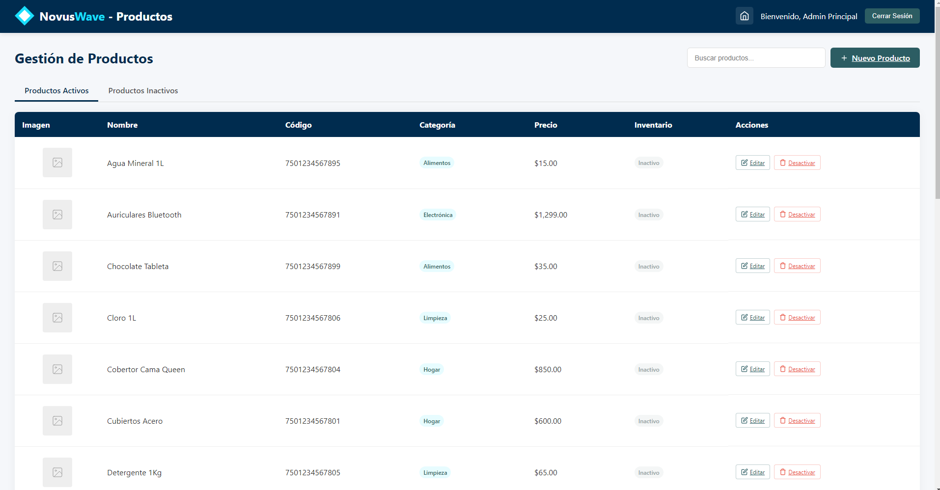 Interfaz de Productos